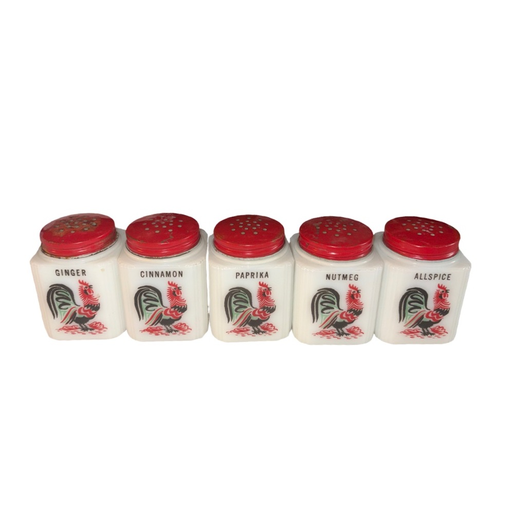 Vintage Tipp City Rooster Milk Glass Spice Jars Shakers Red Screw Top Lids